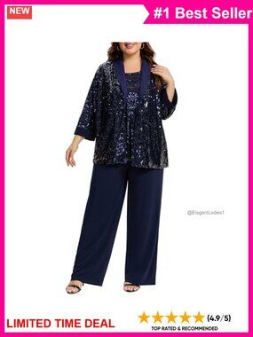 Plus Size 3 Piece Sequin Pant Suit Set Mother of Bride Wedding Guest Formal